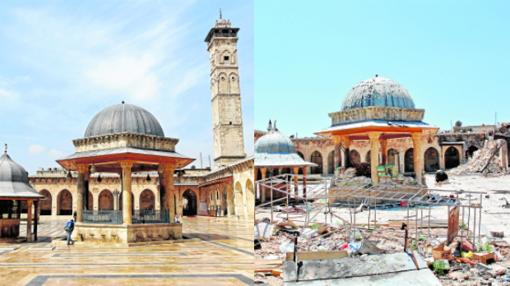 La Gran Mezquita de Alepo. Construida en el siglo XII, en marzo de 2013 sufrió bombardeos que derrumbaron su minarete y la dejaron con graves daños