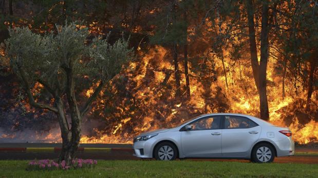 Un coche pasa junto al incendio que comenzó a propagarse cerca de un barrio en la ciudad de Haifa, al norte de Israel,