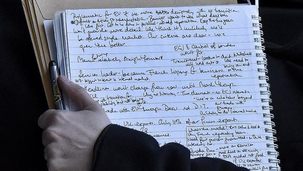 Notas tomadas por Julia Dockerill, asesora del diputado tory Mark Field que fue fotografiada con la carpeta en la mano a la salida de una reunión