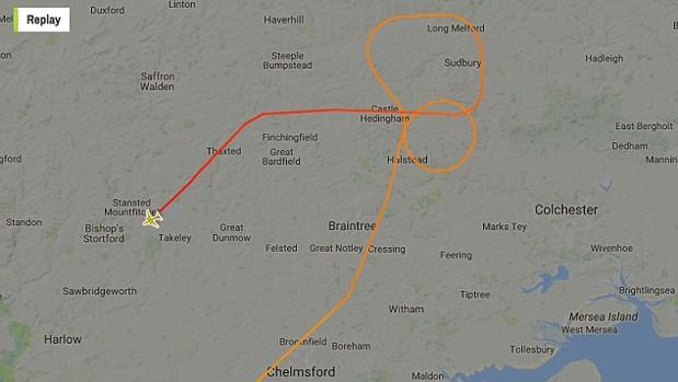 El recorrido del avión hasta llegar al aeropuerto de Stansted