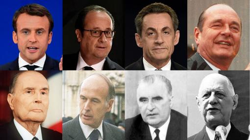 Arriba, de izquierda a derecha: Macron, Hollande, Sarkozy y Chirac. Abajo: Mitterrand, Giscard d'Estaing, Pompidou y De Gaulle