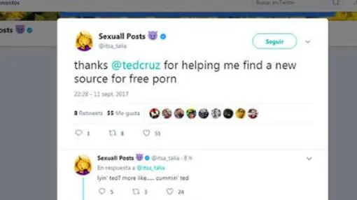 Captura de la respuesta que publicó la cuenta porno al senador Ted Cruz