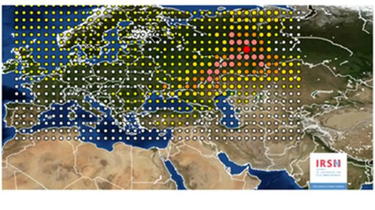 Mapa del Instituto de Protección Radiológica y Seguridad Nuclear sobre la detección de rutenio-106