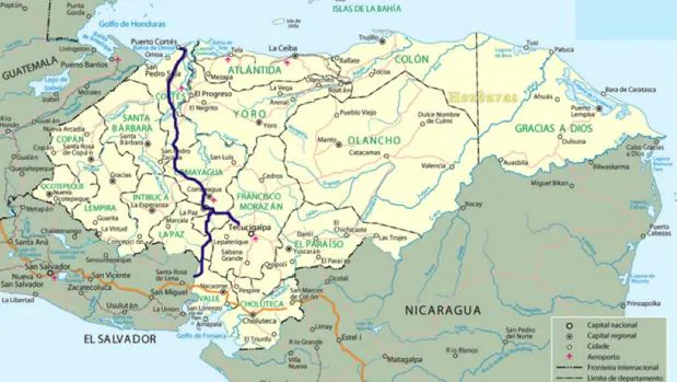 Mapa de Honduras con el corredor logístico interoceánicoy un ramal a Tegucigalpa