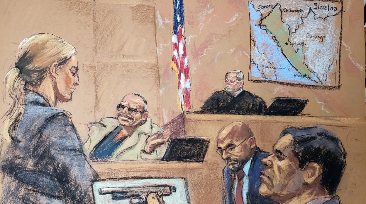 Ilustración del interrogatorio a Jesús "Rey" Zambada durante el juicio contra el Chapo