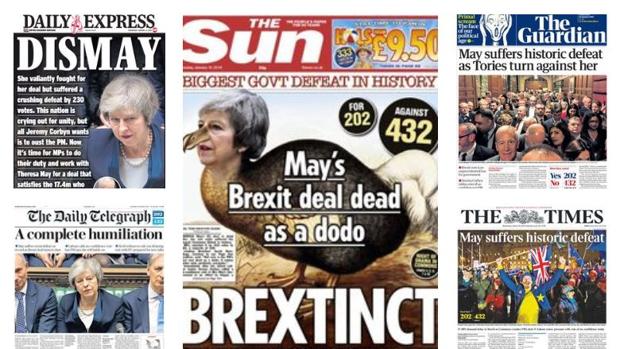 Así reseña la prensa británica la humillante derrota del acuerdo del Brexit de Theresa May