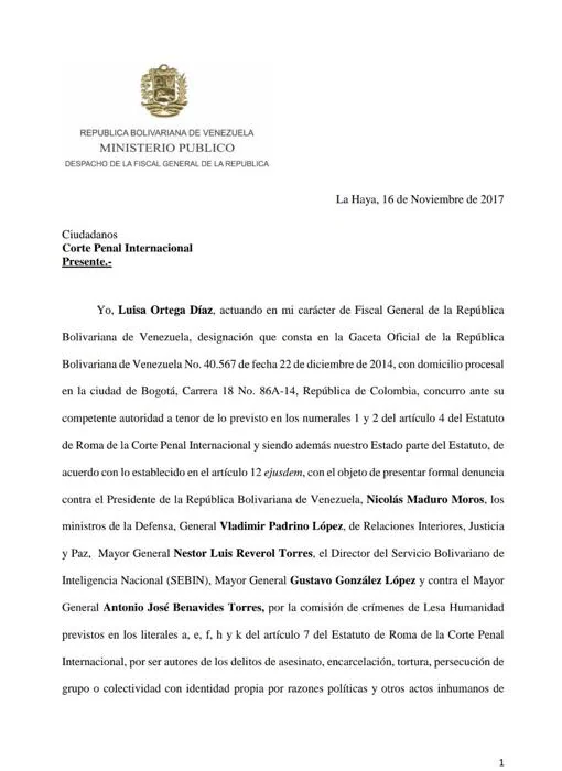 Primera pájgina de la primera denuncia presentda por la exfiscal Ortega e Imbroda en La Haya, en noviembre de 2017