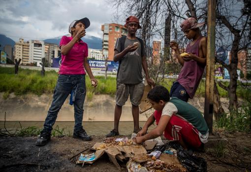 Un grupo de niños busca comida entre bolsas de basura que obtuvieron en una panadería