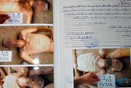 Uno de los documentos oficiales sirios filtrados por César , que muestra las fotos de varios prisioneros muertos en el Hospital Militar 621 de Damasco