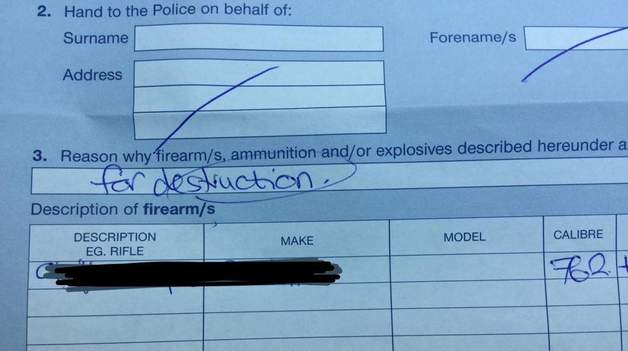 Documento de entrega de un arma de fuego en Nueva Zelanda