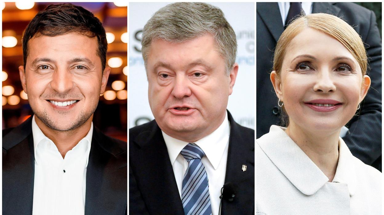Los tres candidatos a la presidencia de Ucrania: el comediante Vladímir Zelenski, el presidente ucraniano que aspira a la reelección, Petró Poroshenko, y la ex primera ministra Yulia Timoshenko