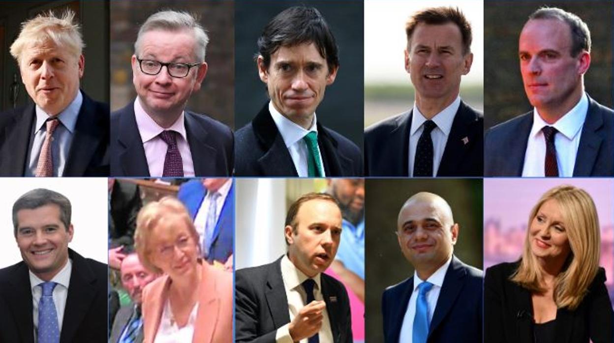 De izquierda a derecha, en la fila superior: Boris Johnson, Michael Gove, Rory Stewart, Jeremy Hunt y Dominic Raab. En la fila de abajo: Mark Harper, Andrea Leadsom, Matt Hancock, Sajid Javid y Eshter McVey