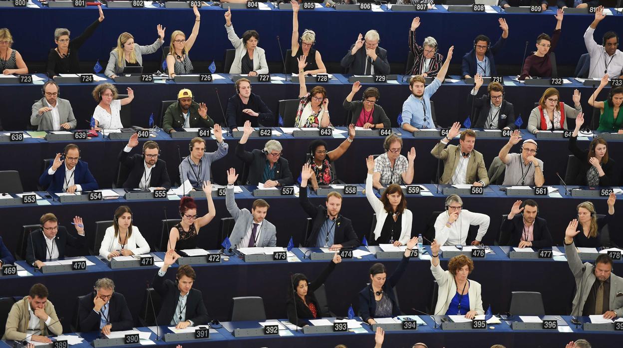 Diputados del Parlamento Europeo, votan durante la sesión plenaria este jueves