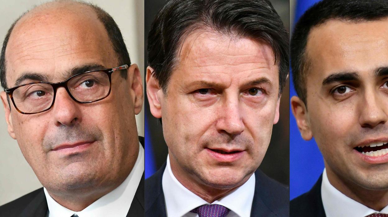 Nicola Zingaretti, líder del PD; Giuseppe Conte prmier ministro de Italia y Luigi Di Maio líder del M5S