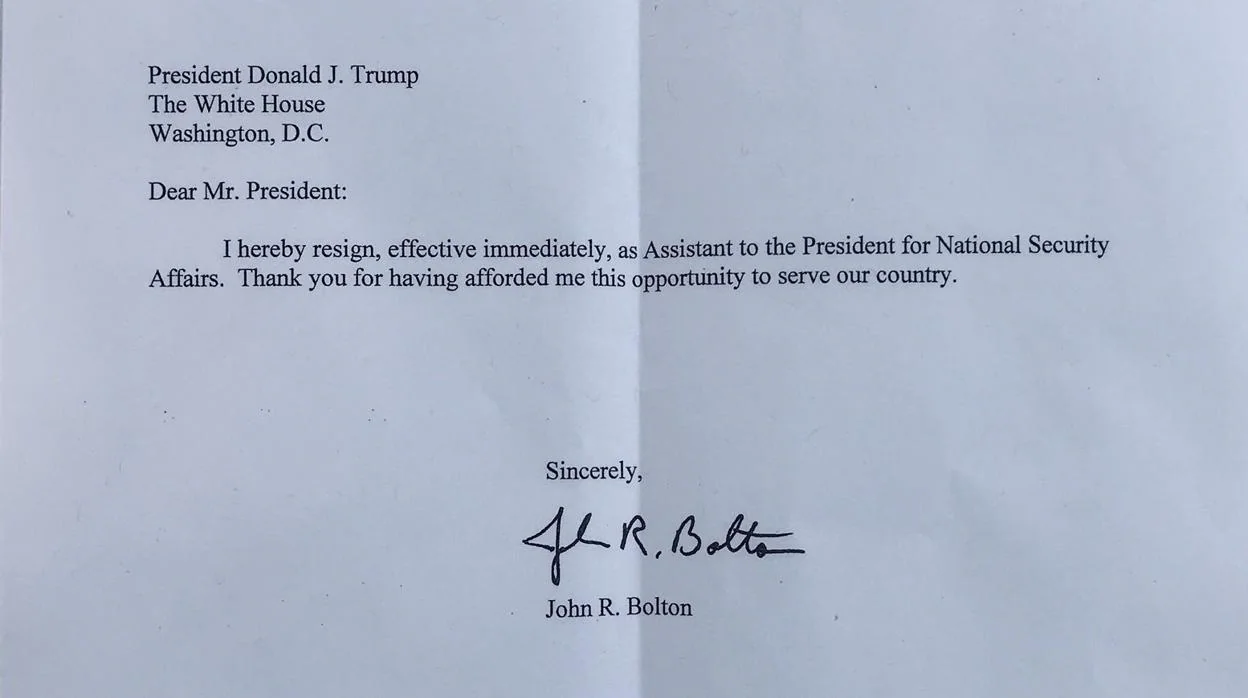 Carta de renuncia del ex consejero de Seguridad Nacional, John Bolton