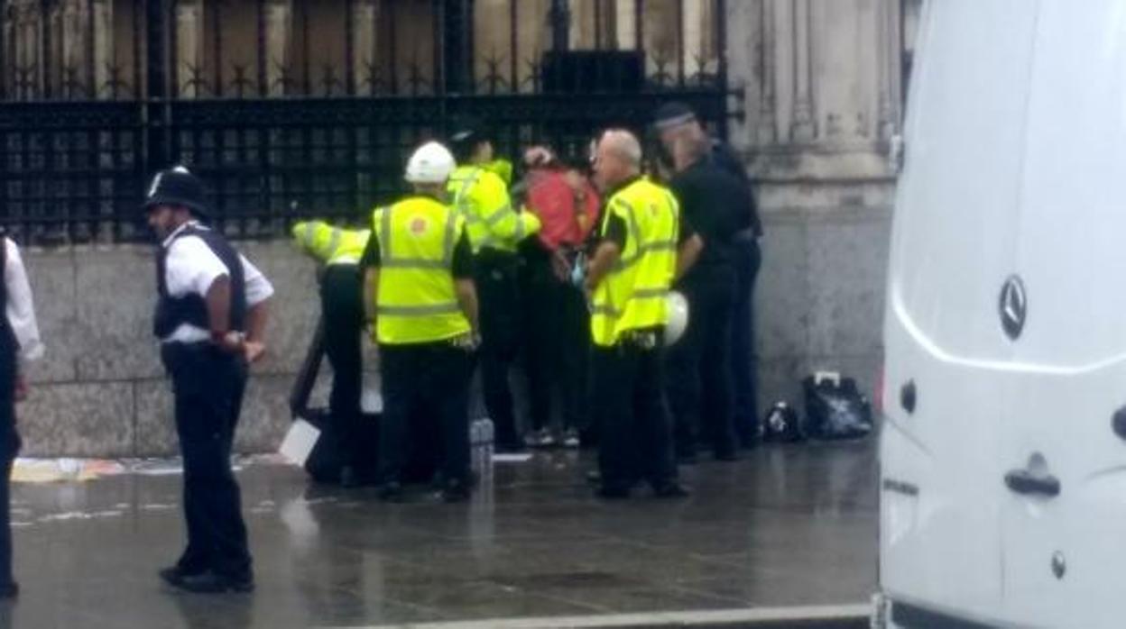 La policía ha detenido a un hombre que se ha mojado en lo que parecía ser un líquido inflamable frente a la puerta del Parlamento en Londres