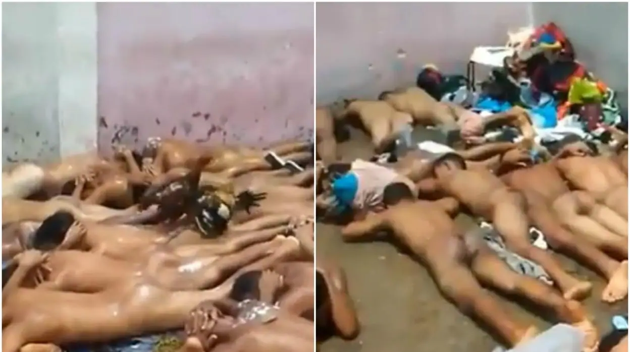 Un grupo de presos desnudos en el patio del Centro de Coordinación Policial de Anaco, en Venezuela