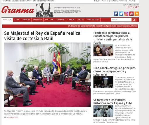 Captura de la portada del diario «Granma» en su edición digital ayer viernes