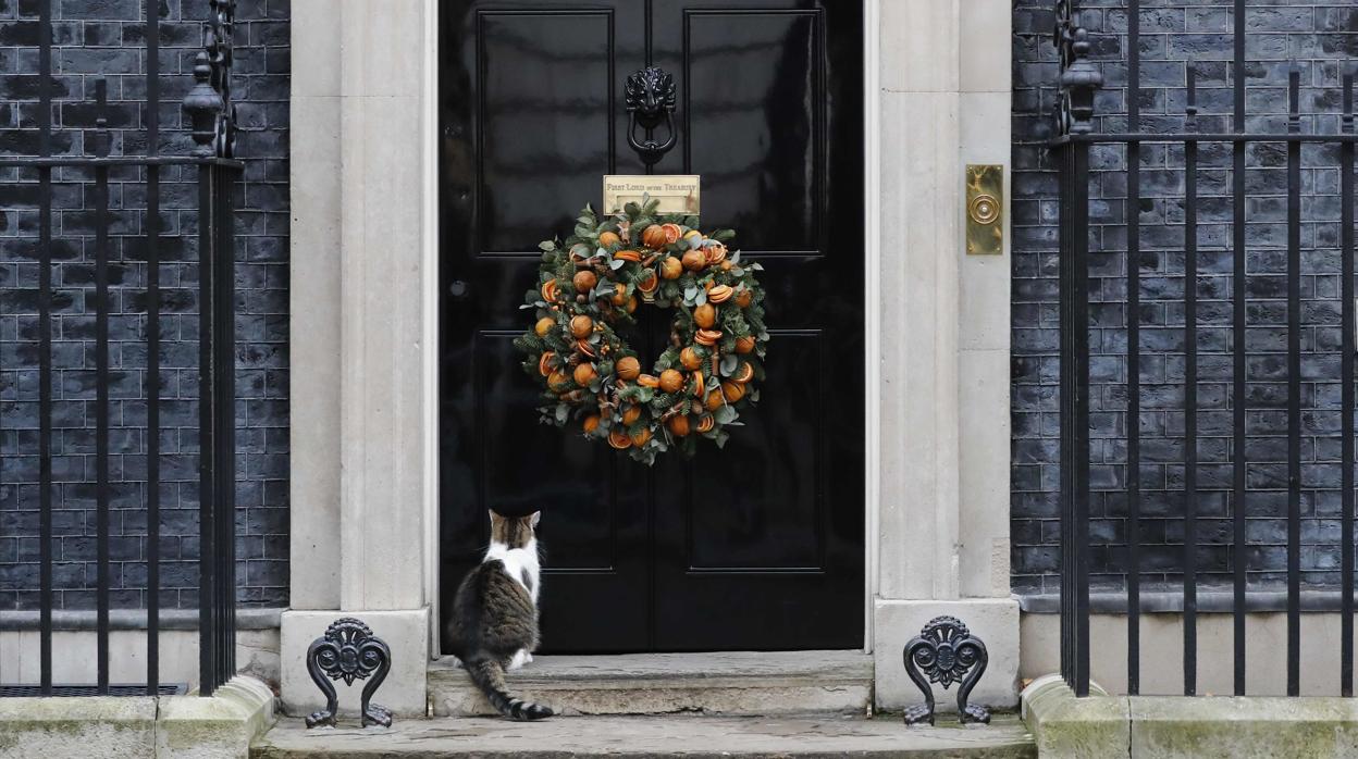 El número 10 de Downing Street con el gato Larry esperando en la puerta