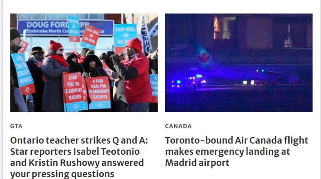 Captura de la web del diario «Toronto Star», con la información sobre el avión a la derecha