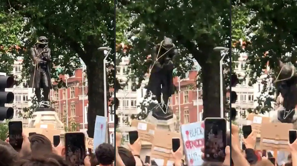 Secuencia del derribo, grabado en vídeo, de la estatua de Edward Colston en Bristol este domingo