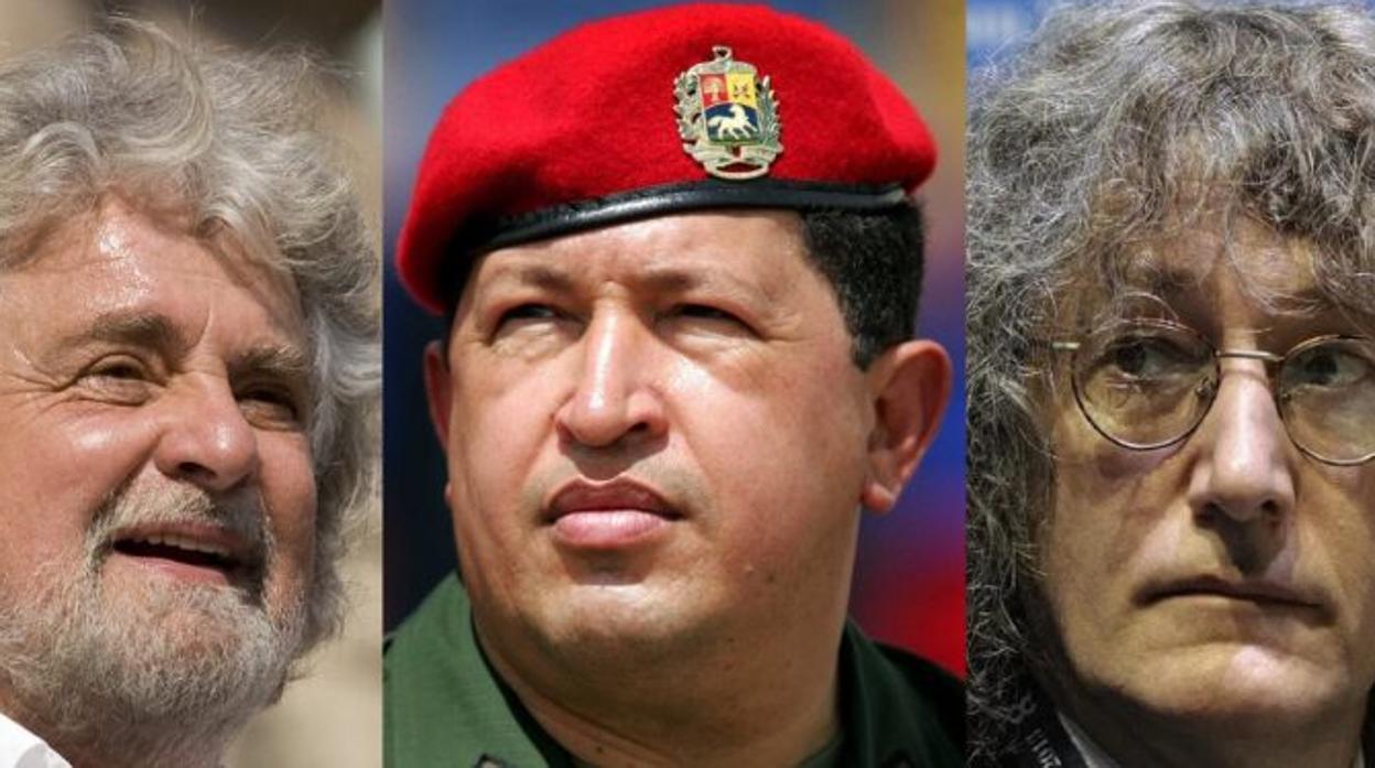 Beppe Grillo (izquierda), Hugo Chávez y Gianroberto Casaleggio