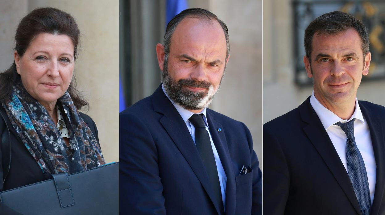 De izquierda a derecha, Agnes Buzyn, Édouard Philippe y Olivier Veran