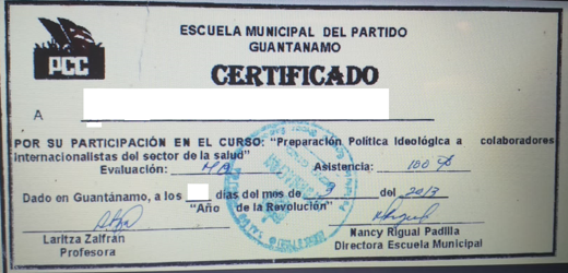 Ejemplo de diploma ideológico que reciben los profesionales tras realizar un cursillo antes de partir a una misión internacional