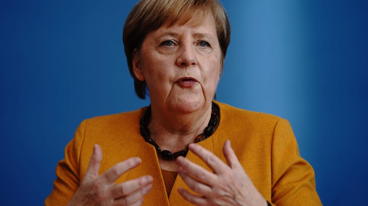 La canciller alemana Angela Merkel, durante su intervención de hoy ante los medios