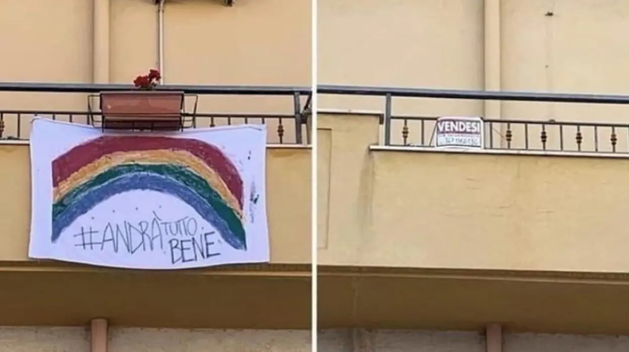 Se trata de dos fotos del mismo balcón. Una realizada en marzo donde se ve una pancarta con un arco iris y la otra en diciembre con un cartel de «se vende»