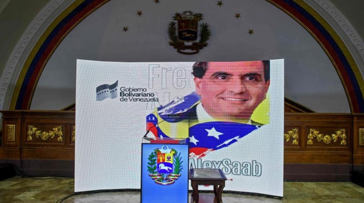 La imagen de Alex Saab, proyectada en una pantalla en la sede de la Asamblea Nacional de Venezuela