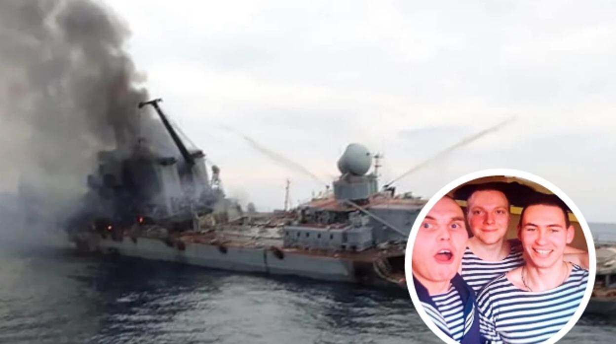 El crucero Moskva durante el hundimiento e imagen de Yegor Shkrebets (primero desde la derecha), de 20 años, cocinero a bordo