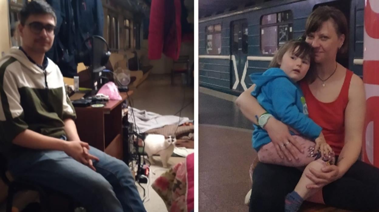 Vlad Plis y Olena Kovel, que sostiene a su sobrina en brazos, han encontrado refugio en el metro de Járkov
