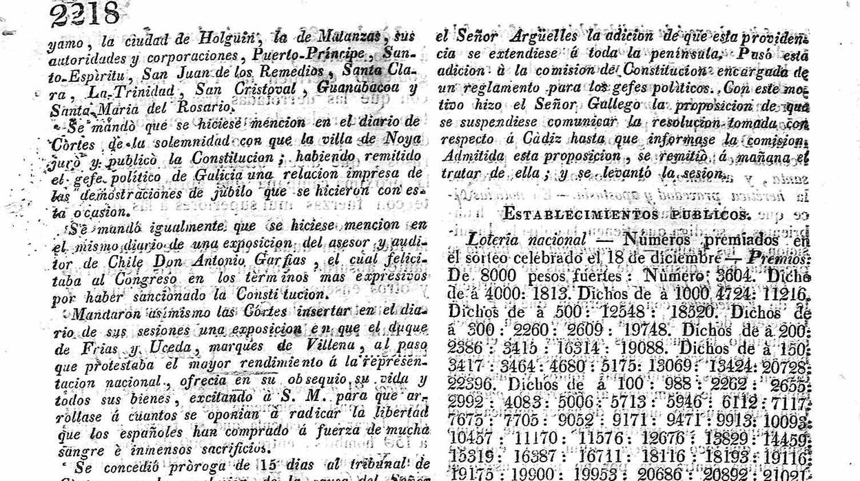 Nota en el periódico «El Redactor General» de Cádiz del 19 de diciembre de 1812