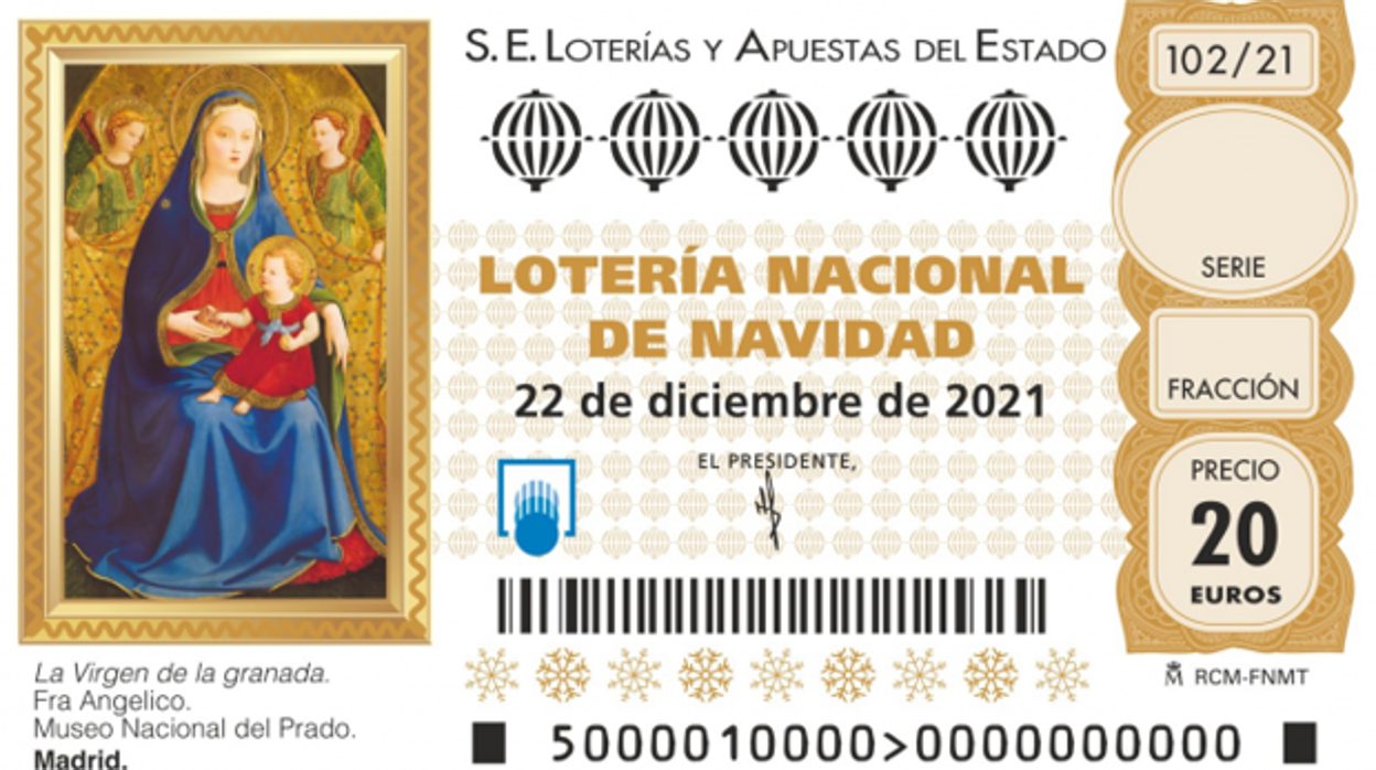 Décimo correspondiente al año 2021, adornado con la imagen de La Virgen de la Granada, de Fra Angelico. Para jugar seguro en la Lotería de Navidad, es importante verificar todos los elementos de seguridad de nuestro décimo