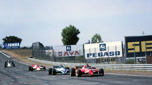 Gran Premio de España de Fórmula 1 de 1981, último del Jarama, con los cinco primeros clasificados: Gilles Villeneuve (Ferrari), Jacques Laffite (Ligier-Matra), John Watson (McLaren-Ford), Carlos Reutemann (Williams-Ford) y Elio de Angelis (Lotus-Ford).