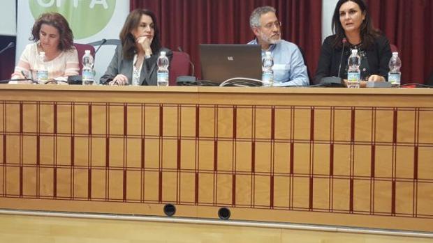 Eva Navarrete, la decana del Colegio de Periodistas de Andalucía, durante una intervención a la derecha