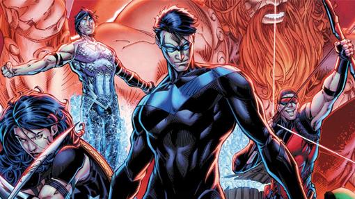 En el centro Nightwing, el héroe en el que se convirtió el primer Robin, Dick Grayson