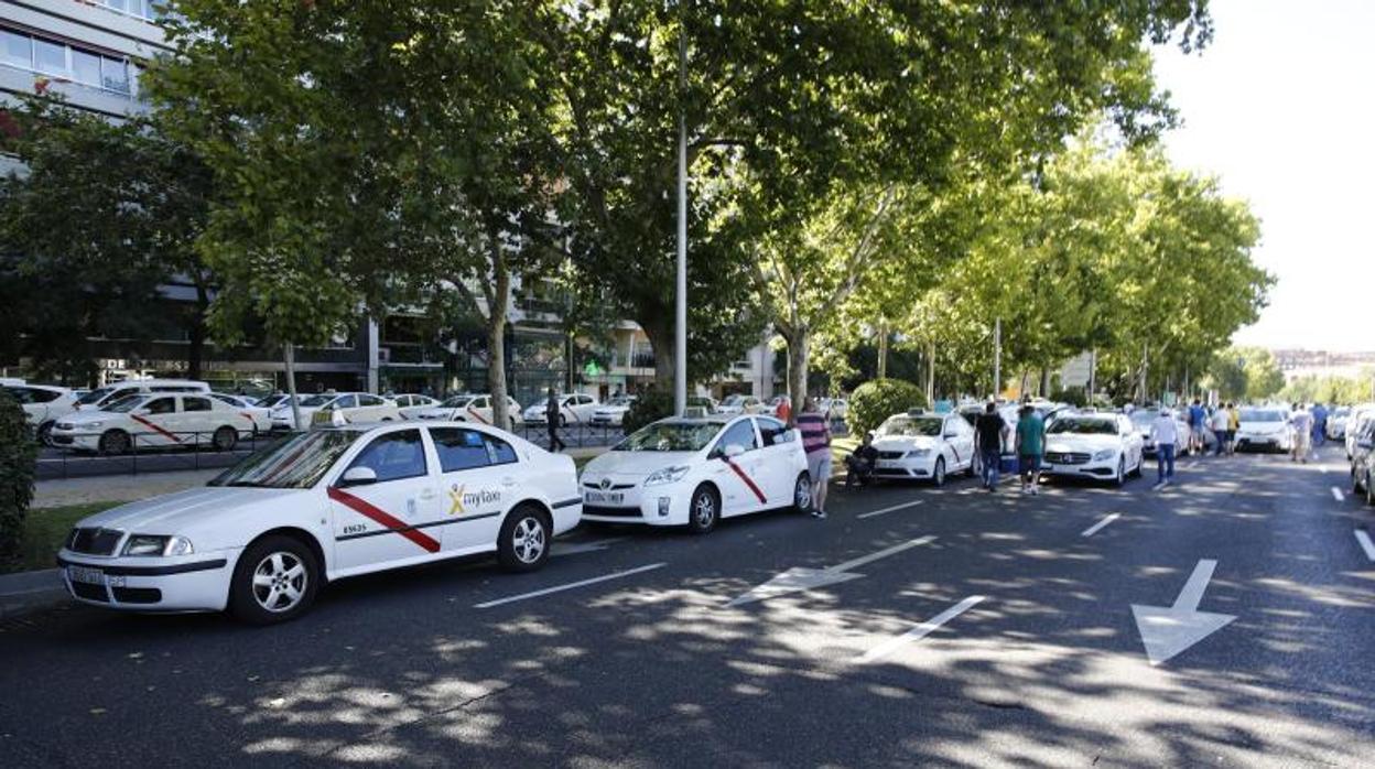 Taxistas se concentran en el Paseo de la Castellana de Madrid frente al Ministerio de Fomento por la huelga de taxis