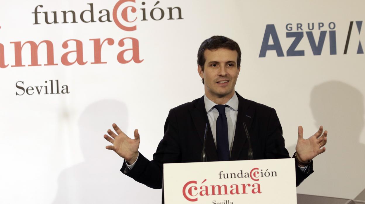 Pablo Casado, en un momento de la conferencia-coloquio que ofreció en Sevilla el pasado viernes