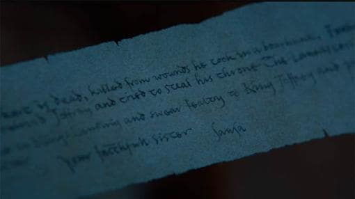 Fotograma de la carta que lee Arya Stark