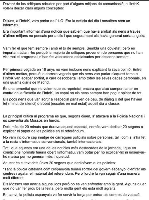 TV3 responde a las acusaciones de adoctrinamiento: «Fue una simple descripción de los hechos»
