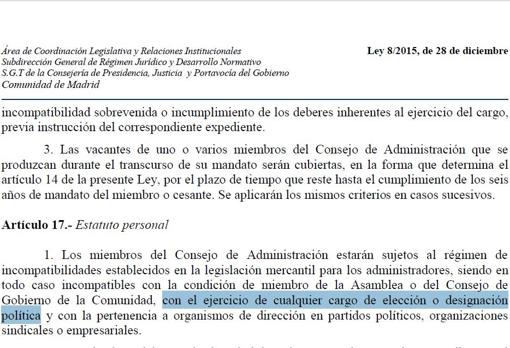 Artículo de la Ley de Radio Televisión Madrid que establece la incompatibilidad