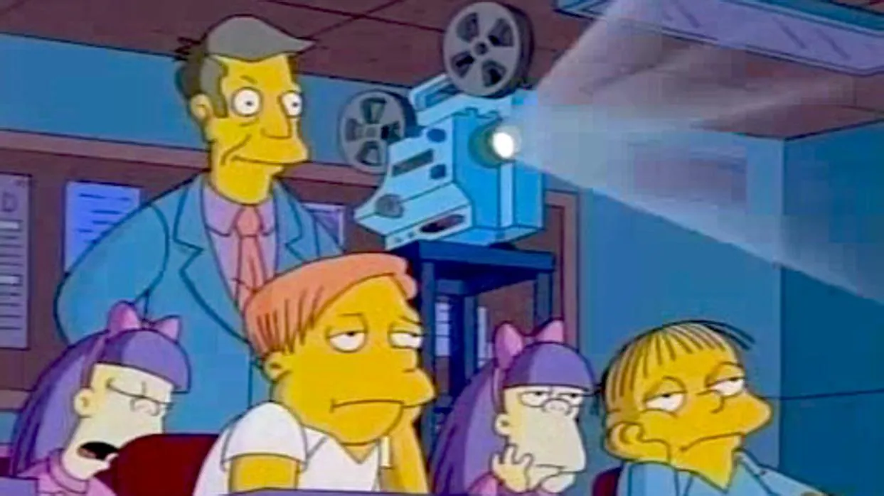 Sherri y Terri, al fondo, junto a Martin, Ralph y el Director Skinner en «Los Simpson»