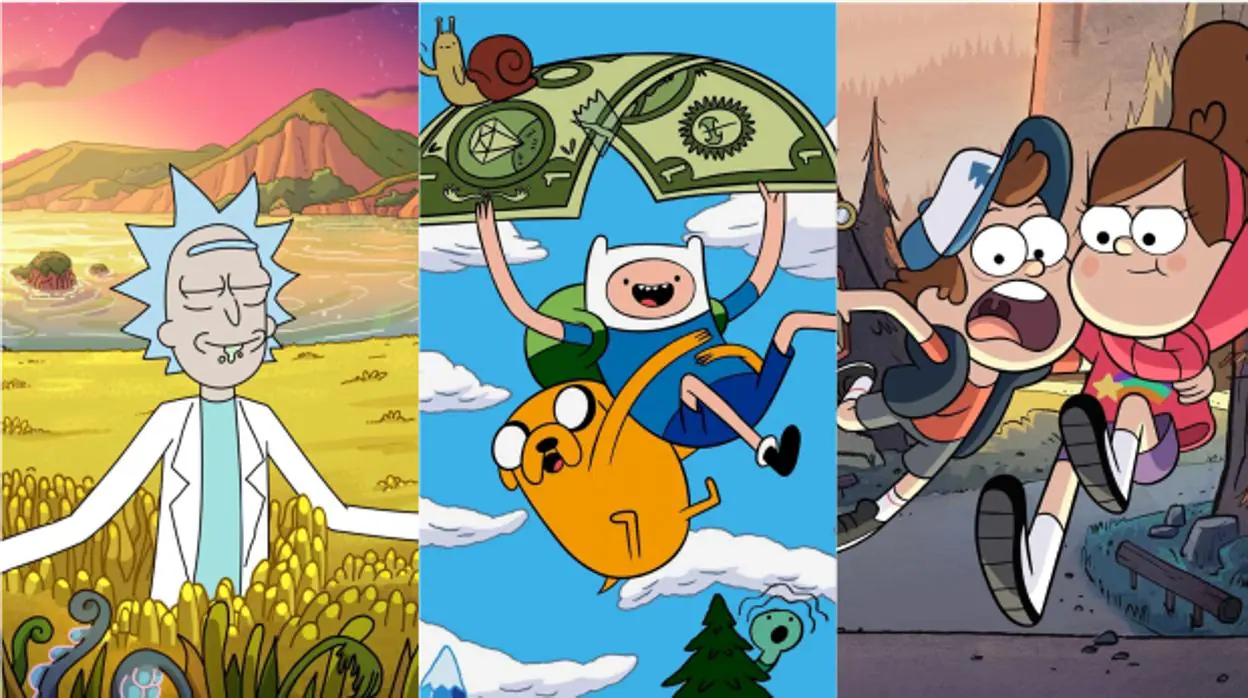 Fotogramas de las ficciones, de izq. a drch., «Rick y Morty», «Hora de aventuras» y «Gravity Falls»