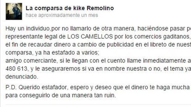 Se hace pasar por miembro de la comparsa de Kike Remolino para estafar a comerciantes