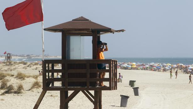 Un socorrista vigila atentamente la playa con bandera roja