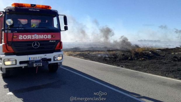 Imagen del incendio y la intensa columna de humo en la carretera