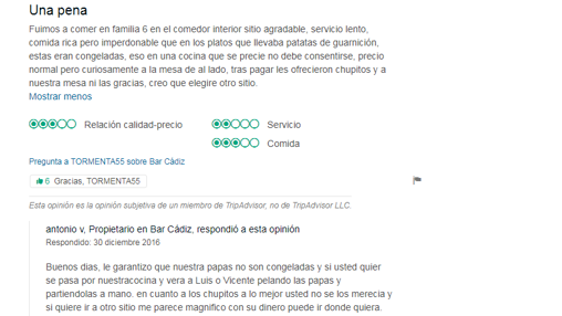 Uno de los comentarios negativos y su correspondiente respuesta.