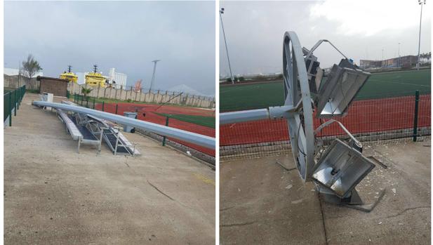 El temporal Hugo tumba una torre de luz del Complejo Deportivo Elcano